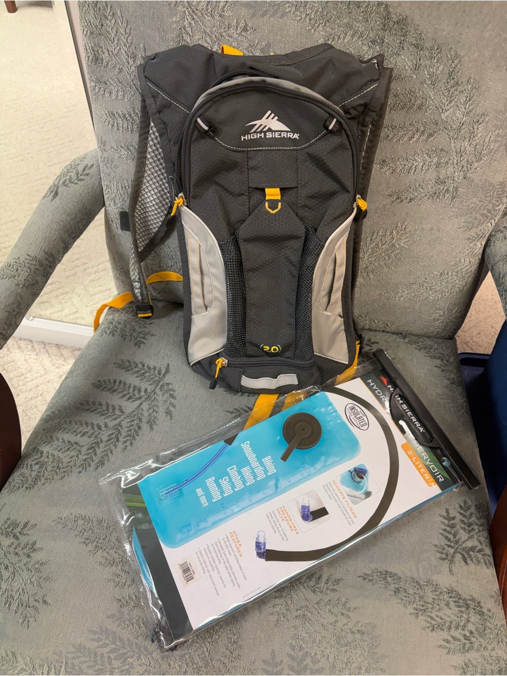 High Sierra Black Gray Backpack with Yellow Accents Hydration Pack